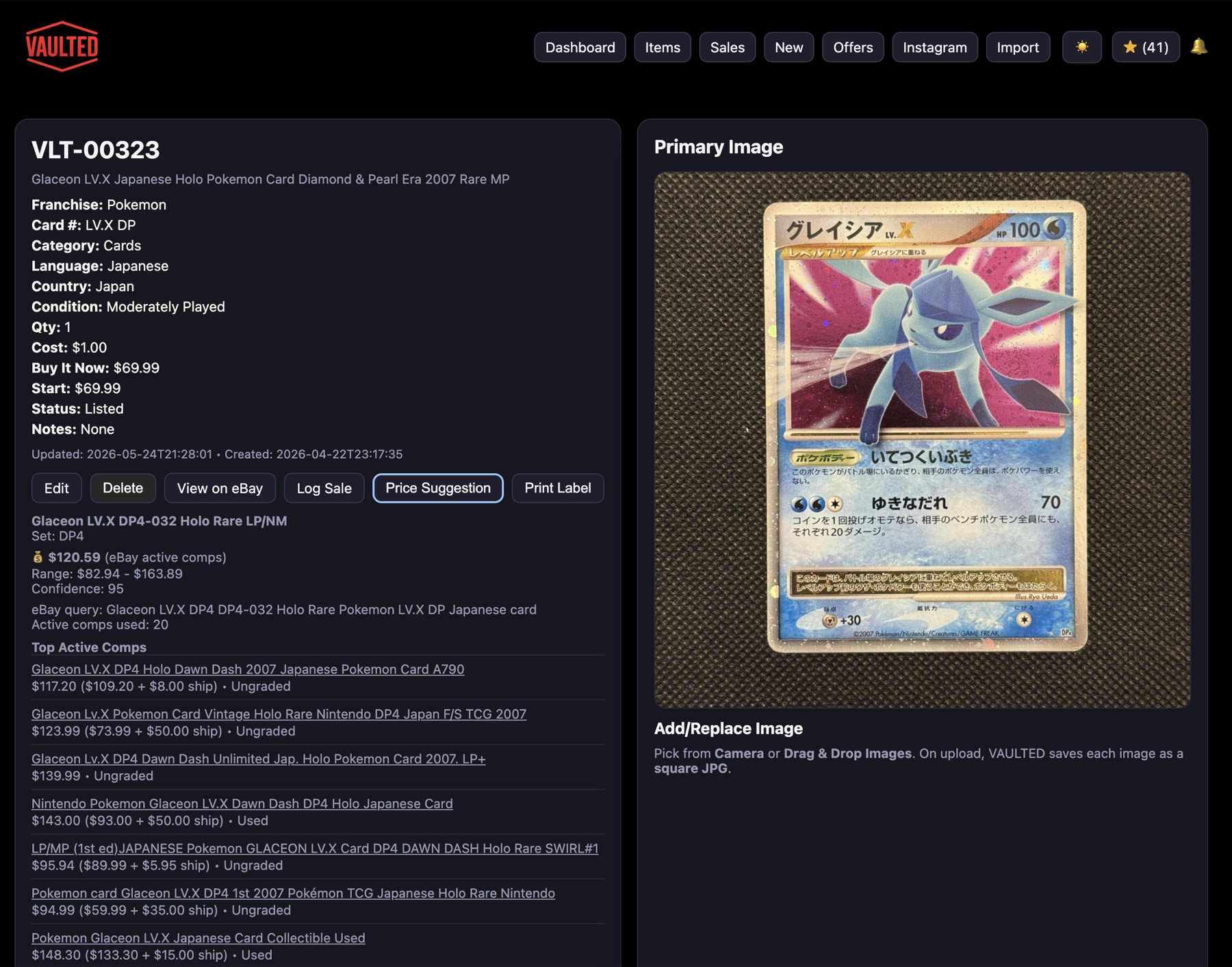 Pokémon card record and price suggestions in VAULTED