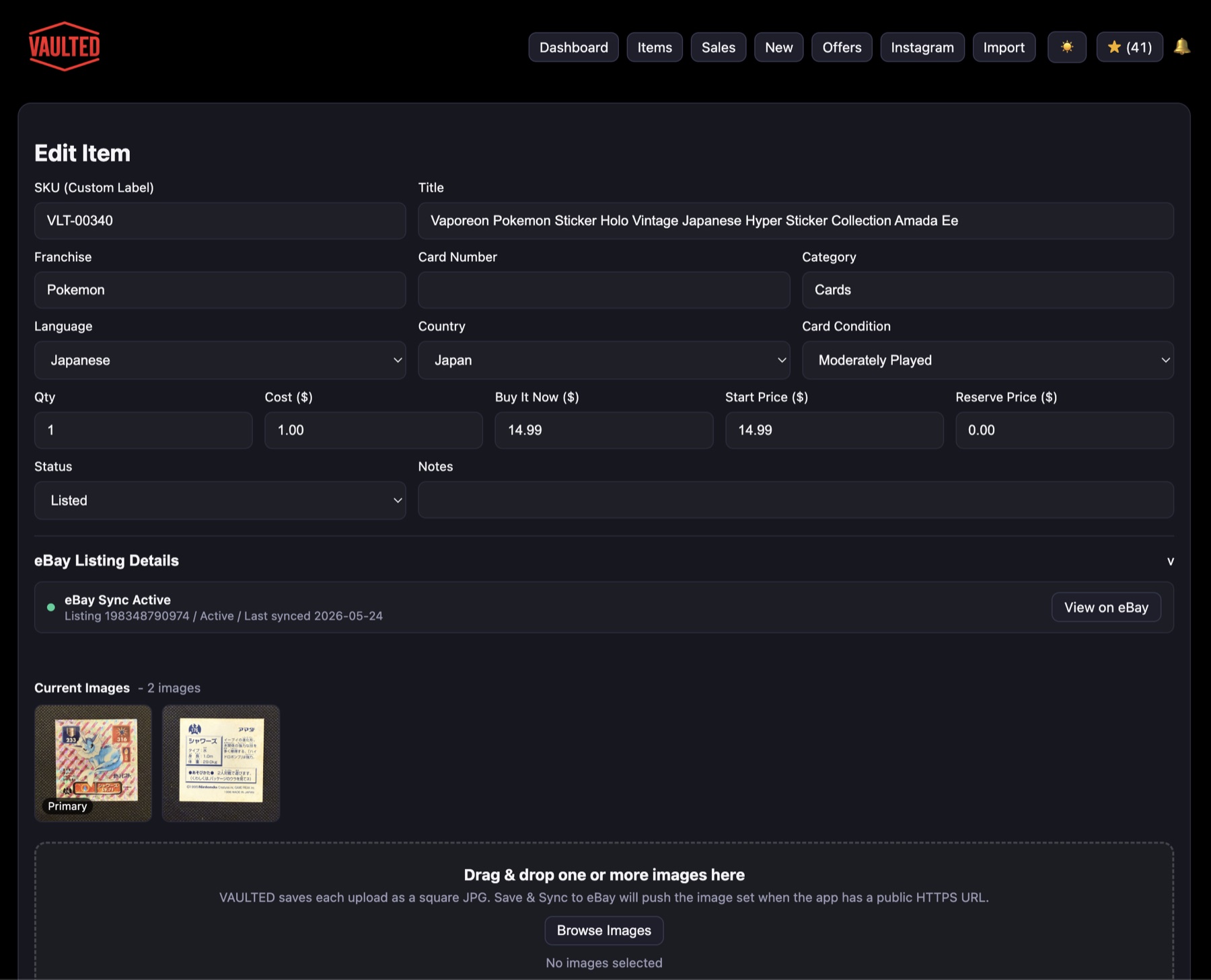 VAULTED eBay listing creator for card sellers