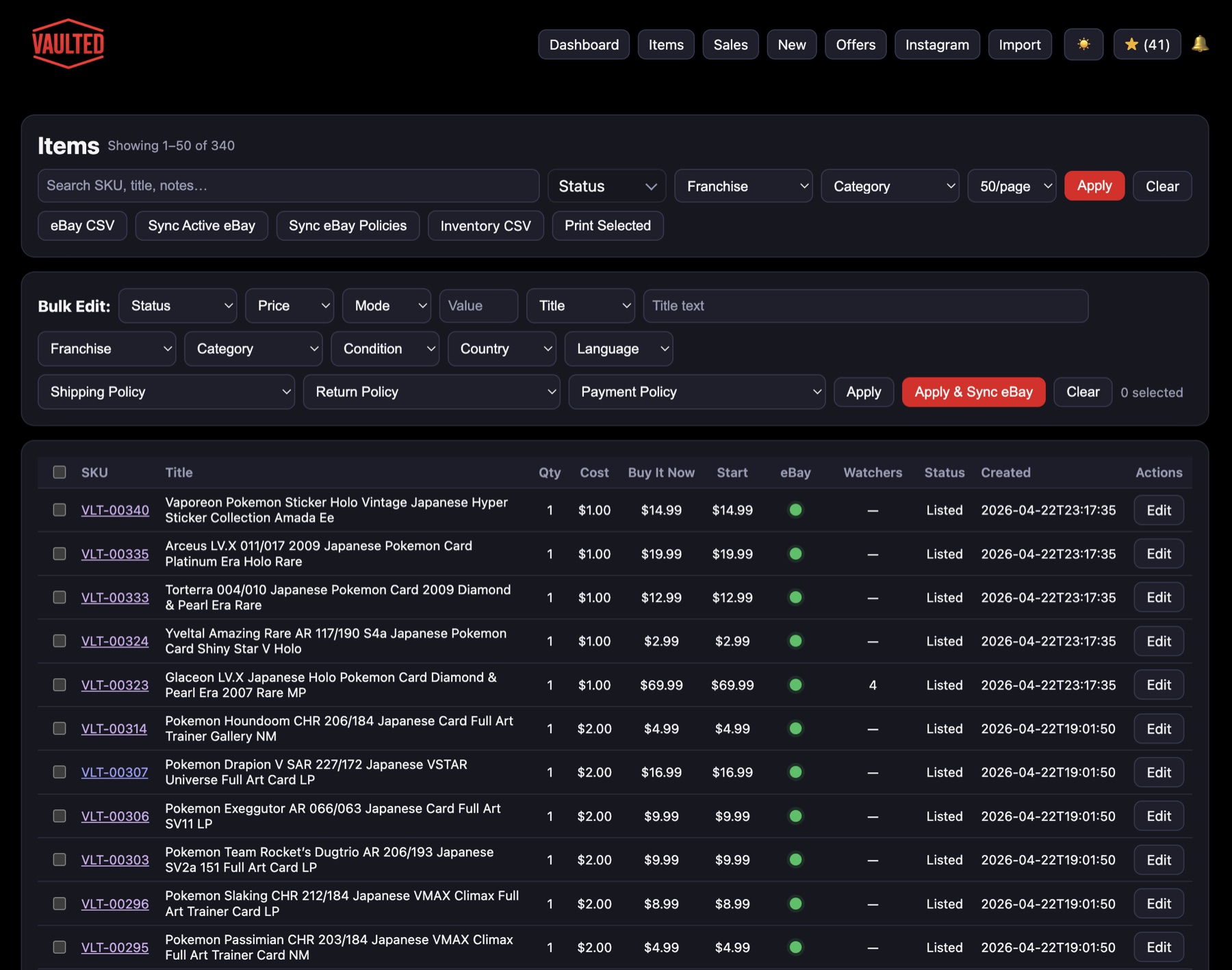 VAULTED eBay card inventory management screen