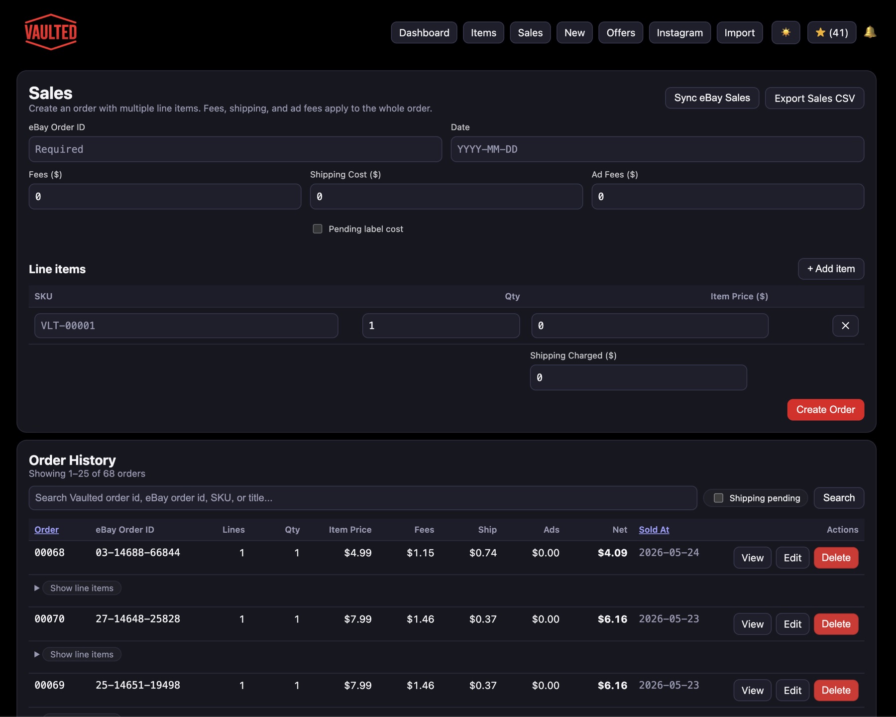 VAULTED eBay sales management and order profit screen